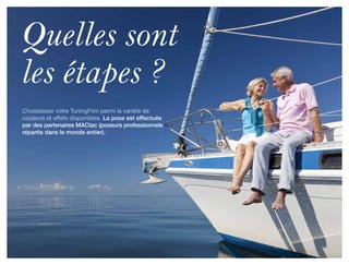 Quelles sont
les étapes ?
Choississez votre TuningFilm parmi la variété de
couleurs et effets disponibles. La pose est effectuée
par des partenaires MACtac (poseurs professionnels
répartis dans le monde entier).
 