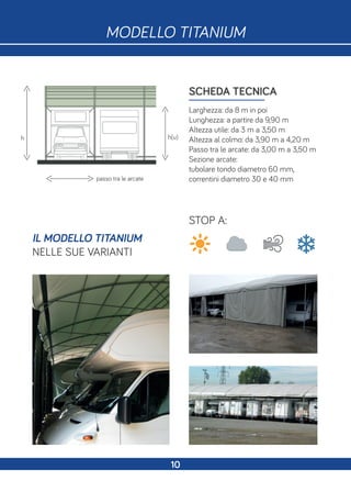 SCHEDA TECNICA
Larghezza: da 8 m in poi
Lunghezza: a partire da 9,90 m
Altezza utile: da 3 m a 3,50 m
Altezza al colmo: da 3,90 m a 4,20 m
Passo tra le arcate: da 3,00 m a 3,50 m
Sezione arcate:
tubolare tondo diametro 60 mm,
correntini diametro 30 e 40 mmpasso tra le arcate
STOP A:
IL MODELLO TITANIUM
NELLE SUE VARIANTI
h h(u)
10
MODELLO TITANIUM
 