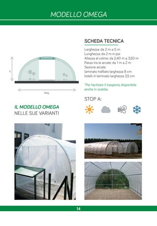 MODELLO OMEGA
SCHEDA TECNICA
Larghezza: da 2 m a 5 m
Lunghezza: da 2 m in poi
Altezza al colmo: da 2,40 m a 3,50 m
Passo tra le arcate: da 1 m a 2 m
Sezione arcate:
laminato trafilato larghezza 8 cm
listelli in laminato larghezza 3,5 cm
*Per facilitare il trasporto, disponibile
anche in scatola.
h
larg.
STOP A:
IL MODELLO OMEGA
NELLE SUE VARIANTI
14
 
