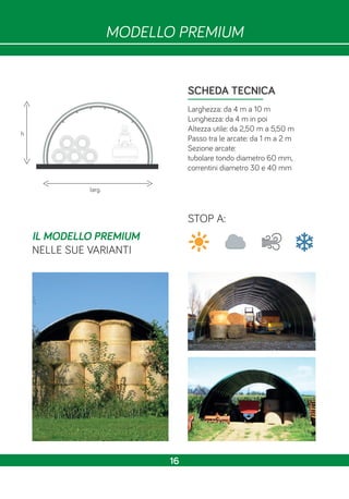 MODELLO PREMIUM
SCHEDA TECNICA
Larghezza: da 4 m a 10 m
Lunghezza: da 4 m in poi
Altezza utile: da 2,50 m a 5,50 m
Passo tra le arcate: da 1 m a 2 m
Sezione arcate:
tubolare tondo diametro 60 mm,
correntini diametro 30 e 40 mm
larg.
STOP A:
IL MODELLO PREMIUM
NELLE SUE VARIANTI
h
16
 