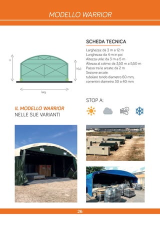 SCHEDA TECNICA
Larghezza: da 3 m a 12 m
Lunghezza: da 4 m in poi
Altezza utile: da 3 m a 5 m
Altezza al colmo: da 3,50 m a 5,50 m
Passo tra le arcate: da 2 m
Sezione arcate:
tubolare tondo diametro 60 mm,
correntini diametro 30 o 40 mm
h
h(u)
larg.
STOP A:
IL MODELLO WARRIOR
NELLE SUE VARIANTI
26
MODELLO WARRIOR
 