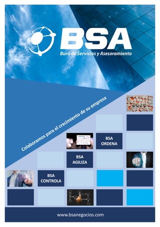 BSA
ORDENA
BSA
AGILIZA
BSA
CONTROLA
www.bsanegocios.com
Colaboramos para el crecimiento de su empresa
 