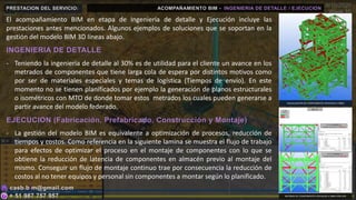 PRESTACION DEL SERVICIO:
El acompañamiento BIM en etapa de Ingeniería de detalle y Ejecución incluye las
prestaciones antes mencionados. Algunos ejemplos de soluciones que se soportan en la
gestión del modelo BIM 3D líneas abajo.
INGENIERIA DE DETALLE
- Teniendo la ingeniería de detalle al 30% es de utilidad para el cliente un avance en los
metrados de componentes que tiene larga cola de espera por distintos motivos como
por ser de materiales especiales y temas de logística (Tiempos de envío). En este
momento no se tienen planificados por ejemplo la generación de planos estructurales
o isométricos con MTO de donde tomar estos metrados los cuales pueden generarse a
partir avance del modelo federado.
EJECUCION (Fabricación, Prefabricado, Construcción y Montaje)
- La gestión del modelo BIM es equivalente a optimización de procesos, reducción de
tiempos y costos. Como referencia en la siguiente lamina se muestra el flujo de trabajo
para efectos de optimizar el proceso en el montaje de componentes con lo que se
obtiene la reducción de latencia de componentes en almacén previo al montaje del
mismo. Conseguir un flujo de montaje continuo trae por consecuencia la reducción de
costos al no tener equipos y personal sin componentes a montar según lo planificado.
ACOMPAÑAMIENTO BIM - INGENIERIA DE DETALLE / EJECUCION
VISUALIZACION DE COMPONENTES ENVIADOS A OBRA
INFORME DE COMPONENTES ENVIADOS A OBRA POR EJES
 