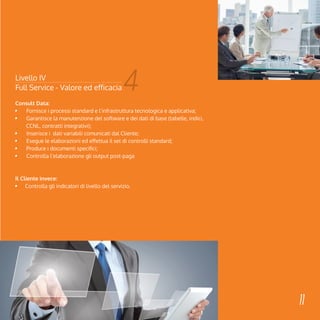 11 
Livello IV 
Full Service - Valore ed efficacia 
Consult Data: 
4 
Fornisce i processi standard e l’infrastruttura tecnologica e applicativa; 
Garantisce la manutenzione del software e dei dati di base (tabelle, indici, 
CCNL, contratti integrativi); 
Inserisce i dati variabili comunicati dal Cliente; 
Esegue le elaborazioni ed effettua il set di controlli standard; 
Produce i documenti specifici; 
Controlla l’elaborazione gli output post-paga 
Il Cliente invece: 
Controlla gli indicatori di livello del servizio. 
 