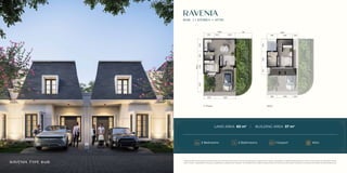 RAVENIA
6X10 | 1 STOREY + ATTIC
LAND AREA 60 m2
BUILDING AREA 57 m2
2 Bedrooms 2 Bathrooms 1 Carport Attic
1st
Floor Attic
While every effort has been made to ensure the accuracy of the information herein at the time of press, the developer and our agents make no warranty, representation or undertaking whether expresed or implied, nor does it assume any legal liability, whether
direct or indirect, or responsibility for the accuracy, completeness or usefulness of any information. The information herein is subject to change and does not form part of any offer contract. All layout are not to scale and all illustration are artist impressions only.
RAVENIA TYPE 6x10
1950 3000
3000
1050
 