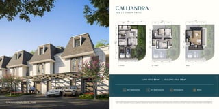 7X12 | 2 STOREYS + ATTIC
LAND AREA 84 m2
BUILDING AREA 110 m2
3+1 Bedrooms 3+1 Bathrooms 2 Carports Attic
CALLIANDRA
While every effort has been made to ensure the accuracy of the information herein at the time of press, the developer and our agents make no warranty, representation or undertaking whether expresed or implied, nor does it assume any legal liability, whether
direct or indirect, or responsibility for the accuracy, completeness or usefulness of any information. The information herein is subject to change and does not form part of any offer contract. All layout are not to scale and all illustration are artist impressions only.
CALLIANDRA TYPE 7x12
1st
Floor 2nd
Floor Attic
 