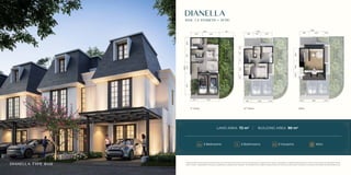 DIANELLA
6X12 | 2 STOREYS + ATTIC
LAND AREA 72 m2
BUILDING AREA 90 m2
3 Bedrooms 3 Bathrooms 2 Carports Attic
While every effort has been made to ensure the accuracy of the information herein at the time of press, the developer and our agents make no warranty, representation or undertaking whether expresed or implied, nor does it assume any legal liability, whether
direct or indirect, or responsibility for the accuracy, completeness or usefulness of any information. The information herein is subject to change and does not form part of any offer contract. All layout are not to scale and all illustration are artist impressions only.
DIANELLA TYPE 6x12
1st
Floor 2nd
Floor Attic
 