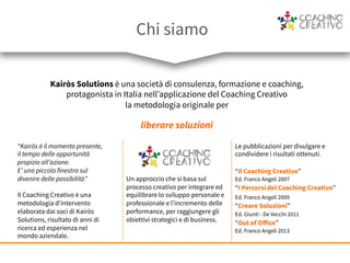 Chi siamo
Kairòs Solutions è una società di consulenza, formazione e coaching,
protagonista in Italia nell’applicazione del Coaching Creativo
la metodologia originale per
liberare soluzioni
“Kairòs è il momento presente, 
il tempo delle opportunità 
propizio all’azione.
E’ una piccola finestra sul 
divenire delle possibilità”
Il Coaching Creativo è una
metodologia d’intervento
elaborata dai soci di Kairòs
Solutions, risultato di anni di
ricerca ed esperienza nel
mondo aziendale.
Un approccio che si basa sul
processo creativo per integrare ed
equilibrare lo sviluppo personale e
professionale e l’incremento delle
performance, per raggiungere gli
obiettivi strategici e di business.
	
  
Le pubblicazioni per divulgare e
condividere i risultati ottenuti.
“Il Coaching Creativo”
Ed. Franco Angeli 2007
“I Percorsi del Coaching Creativo”
Ed. Franco Angeli 2009
“Creare Soluzioni”
Ed. Giunti - De Vecchi 2011
“Out of Oﬀice”
Ed. Franco Angeli 2013
 