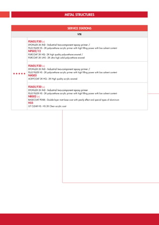METAL STRUCTURES
SERVICE STATIONS
VTR
«««««
FEA05/F30 (+)
EPOFILLER 2K IND - Industrial two-component epoxy primer /
PLUS FILLER HS - 2K polyurethane acrylic primer with high filling power with low solvent content
NPS02/12
PURCOAT 2K HQ - 2K high quality polyurethane enamel /
PURCOAT 2K UHS - 2K ultra high solid polyurethane enamel
FEA05/F30 (+)
EPOFILLER 2K IND - Industrial two-component epoxy primer /
PLUS FILLER HS - 2K polyurethane acrylic primer with high filling power with low solvent content
NAS03
ACRYCOAT 2K HQ - 2K High quality acrylic enamel
FEA05/F30 (+)
EPOFILLER 2K IND - Industrial two-component epoxy primer
PLUS FILLER HS - 2K polyurethane acrylic primer with high filling power with low solvent content
NBS02 (+)
BASECOAT PEARL - Double layer matt base coat with pearly effect and special types of aluminium
H55
GT CLEAR HS - HS 2K Clear acrylic coat
ICR SPRINT COATINGS TECHNICAL CATALOGUE | 37CLICK HERE TO RETURN TO THE MAIN INDEX
 