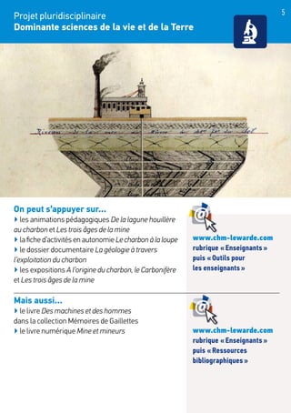 5Projet pluridisciplinaire
Dominante sciences de la vie et de la Terre
On peut s’appuyer sur...
▶ les animations pédagogiques De la lagune houillère
au charbon et Les trois âges de la mine
▶ la fiche d’activités en autonomie Le charbon à la loupe
▶ le dossier documentaire La géologie à travers
l’exploitation du charbon
▶ les expositions A l’origine du charbon, le Carbonifère
et Les trois âges de la mine
Mais aussi...
▶ le livre Des machines et des hommes
dans la collection Mémoires de Gaillettes
▶ le livre numérique Mine et mineurs
www.chm-lewarde.com
rubrique « Enseignants »
puis « Outils pour
les enseignants »
www.chm-lewarde.com
rubrique « Enseignants »
puis « Ressources
bibliographiques »
 