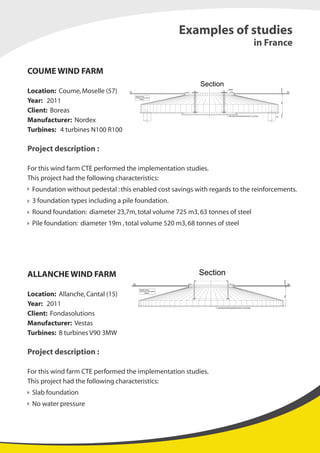 COUME WIND FARM
Location: Coume,Moselle (57)
Year: 2011
Client: Boreas
Manufacturer: Nordex
Turbines: 4 turbines N100 R100
Project description :
For this wind farm CTE performed the implementation studies.
This project had the following characteristics:
Foundation without pedestal :this enabled cost savings with regards to the reinforcements.
3 foundation types including a pile foundation.
Round foundation: diameter 23,7m,total volume 725 m3,63 tonnes of steel
Pile foundation: diameter 19m ,total volume 520 m3,68 tonnes of steel
ALLANCHE WIND FARM
Location: Allanche,Cantal (15)
Year: 2011
Client: Fondasolutions
Manufacturer: Vestas
Turbines: 8 turbines V90 3MW
Project description :
For this wind farm CTE performed the implementation studies.
This project had the following characteristics:
Slab foundation
No water pressure
Examples of studies
in France
Lean concrete until the supporting soil level! ( 10 cm at least )
Pile
Section
GLGL
Backfill density
necessary to foundation
stability.
SlabPedestal
Grouted
Spring
Slope 3% Slope 3%
Lean concrete until the supporting soil level! ( 10 cm at least )
Section
GL SlabPedestal GL
Backfill density
necessary to foundation
stability.
slope 3%slope 3%
 