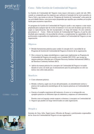 Curso - Taller Gestión de Continuidad del Negocio | PDF