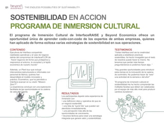 01THE ENDLESS POSSIBILITIES OF SUSTAINABILITY.SOSTENIBILIDAD EN ACCIONPROGRAMA DE INMERSION CULTURALEl programa de Inmersión Cultural de InterfaceRAISE y Beyond Economics ofrece un oportunidadúnica de aprendercodo-con-codo de los expertos de ambasempresas, quieneshanaplicado de forma exitosavariasestrategias de sostenibilidad en susoperaciones.CONTENIDOEjecutivos de Interface compartirán realidades operativas y el caso de negocio detrás del compromiso de InterfaceFLOR de: “hacer negocios de forma que protejamos y mejoremos el entorno, la sociedad y el tejido económico de nuestro mundo”Además, un Plant tour que incluye intercambios estructurados e informales con personal de fábrica, quienes han desarrollado el modelo innovador y práctico, Ecometrics, que ha permitido a Interface avanzar en su visión “MissionZero™”. La experiencia concluye con una exploración facilitada de las oportunidades en la cadena de valor del Cliente.TESTIMONIOS“Visitar Interface and ver la creatividad aplicada a establecer practicas sostenibles, ha hecho innegable que el resto de nosotros puede hacer lo mismo. No tenemos que perder más tiempo preguntándonos si podemos hacer algo. ““Hay grandes oportunidades para introducir estos temas en la innovación de la cadena de suministro. No podemos hacer de “esto” una actividad de la semana o del año!”“El programa de inmersión cultural en sostenibilidad me ha hecho comprender las múltiples facetas que deben ser catalizadas por el equipo de más alto nivel para producir cambios duraderos”.RESULTADOSLos participantes dejarán esta experiencia de inmersión con:• una definicion clara y operativa de que es un negocio sostenible, • una lista de “quick hits” que pueden ser atendidos inmediatamente, • una percepción más alta de las oportunidades de crecimiento,• recursos tácticos para crear una estrategia integrada que genere valor y sostenibilidad.
