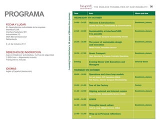 06THE ENDLESS POSSIBILITIES OF SUSTAINABILITY.PROGRAMAFECHA Y LUGAREn dependencias industriales de la empresaInterfaceFLOR.Interface Nederland BVIndustrielaan 153925 BD ScherpenzeelNetherlands5 y 6 de Octubre 2011DERECHOS DE INSCRIPCIONCupo Limitado por actividades y normas de seguridad.1.800 €+iva – Alojamiento incluido.Transporte no incluido IDIOMASIngles y Español (traducción)