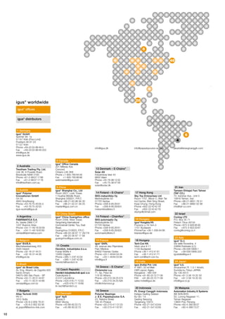 8
46
3

26

igus® worldwide
igus® offices
igus® distributors

1 Germany
igus® GmbH
Spicher Str. 1a
51147 Köln (Porz-Lind)
Postfach 90 61 23
51127 Köln
Phone +49-22 03-96 49-0
Fax
+49-22 03-96 49-222
info@igus.de
www.igus.de

6
4
info@igus.dk

info@papadopoulos-sa.com

jakarta@energicanggih.com

8 Canada
2 Australia
Treotham Trading Pty. Ltd.
Unit 36, 9 Powells Road,
Brookvale NSW 2100
Phone +61-2-99 07 17 88
Fax
+61-2-99 07 17 78
info@treotham.com.au

igus® Office Canada
201 Millway Ave.
Concord
Ontario L4K 5K8
Phone +1-905-760 84 48
Fax
+1-905-760 86 88
webmaster@igus.com

9 China
3 Austria
igus Polymer
Innovationen GmbH
Ort 55
4843 Ampflwang
Phone +43-76 75-40 05-0
Fax
+43-76 75-32 03
igus-austria@igus.at
®

igus® Shanghai Co., Ltd
Room 2601, Liulin Tower,
1 Huaihai Middle Road,
Shanghai 200021, P.R.C
Phone +86-21-63 86 94 30
Fax
+86-21-53 51 09 25
master@igus.com.cn

13 Denmark – E-Chains®
Solar AS
Industrievej Vest 43
6600 Vejen
Phone +45-76-96 12 00
Fax
+45-75-36 47 59
solar@solar.dk

14 Finland – E-Chains®
SKS-mekaniikka Oy
Martinkyläntie 50
01720 Vantaa
Phone +358-9-85 26 61
Fax
+358-9-85 26 824
mekaniikka@sks.fi

10 China South
4 Argentina
FABRIMATICA S.A.
Av. Varela 2966 C.P.
1437 Buenos Aires
Phone +54-11-49 18 00 09
Fax
+54-11-49 19 00 80
ventas@fabrimatica.com

5 Belgium
igus B.V.B.A.
Mechelsesteenweg 453
3020 Herent
Phone +32-16-31 44 31
Fax
+32-16-31 44 39
info@igus.be

igus® China Guangzhou office
Room 2306, West Tower,
Yangcheng International
Commercial Center, Tiyu, East
Road,
Guangzhou 510620, P.R.C
Phone +86-20-38 87 17 26/7/8
Fax
+86-20-38 87 17 68
guangzhou@igus.com.cn

®

6 Brazil
igus do Brasil Ltda.
Av. Eng. Alberto de Zagottis 655
Santo Amaro
04675-085 São Paulo - SP
Phone +55-11-35 31 44 87
Fax
+55-11-35 31 44 88
vendas@igus.com.br

11 Croatia

12 Czech Republic
Hennlich Industrietechnik spol. s r.o
v
Ceskolipská 9
vv
412 01 Litome rice
Phone +420-416-71 13 33
Fax
+420-416-71 19 99
lin-tech@hennlich.cz

7 Bulgaria
Atlas Technik OOD
PK 51
1612 Sofia
Phone +35-9-2-859 76 81
Fax
+35-9-2-952 63 95
al_popoff@techno-link.com

10

SKS-automaatio Oy
Martinkyläntie 50
01720 Vantaa
Phone +358-9-85 26 61
Fax
+358-9-85 26 820
automaatio@sks.fi

igus SARL
49, avenue des Pépinières
Parc Médicis
94832 Fresnes Cedex
Phone +33-1-49 84 04 04
Fax
+33-1-49 84 03 94
info@igus.fr

Chrismotor s.a.
71, Sp. Patsi str.
118 55 Athens
Phone +30-210-34 25 574
Fax
+30-210-34 25 595
info@chrismotor.gr

13 Denmark

18 Hungary
Tech-Con Kft.
Vésõ utca 9-11
1133 Budapest
Phone +36-1-412 41 61
Fax
+36-1-412 41 71
tech-con@tech-con.hu

19 India
igus (India) Pvt. Ltd.
# 199/1, 22 nd Main
HSR Layout, Agara,
Bangalore - 560 034
Phone +91-80-25 72 71 06
FAX +91-80-25 72 71 08
sales-india@igus.de

20 Indonesia
16 Greece

igus® ApS
Ærøvej 8
8800 Viborg
Phone +45-86-60 33 73
Fax
+45-86-60 32 73

18 Hungary
igus® Hungária Kft.
Pozsony u.19.1em.2.
1151 Budapest
Phone/Fax +36-1-306-64 86
kkarasz@igus.de

Tameen Ehtiajat Fani Tehran
(TAF CO.)
72, Iranshar Ave., Unit 5
15816 Tehran, Iran
Phone +98-21-8831 78 51
Fax
+98-21-8882 02 68
info@taf-co.com

22 Israel
Conlog LTD
P.O. Box 35 71
Petach Tikva 49134
Phone +972-3-926 95 95
Fax
+972-3-923 33 67
conlog@conlog.co.il

23 Italy
15 France

16 Greece – E-Chains®

®

Sky Top Enterprises Ltd
Room 1707, Block C; Wah Tat
Ind Centre; Wah Sing Street;
Kwai Chung; Hong Kong
Phone +852-22 43 42 78
Fax
+852-22 43 42 79
skytop@ctimail.com

14 Finland – Chainflex®

®

Hennlich, Industrijska d.o.o.
Franje Wölfla 4
10000 Zagreb
Phone +385-1-3 87 43 34
Fax
+385-1-3 87 43 36
hennlich@hennlich.hr

21 Iran
17 Hong Kong

Polymer Bearings:
J. & E. Papadopoulos S.A.
23, Retsina Street
185 45 Piraeus
Phone +30-210-411 31 33
Fax
+30-210-411 67 81

Pt. Energi Canggih Indonesia
Kelapa Gading Selatan
BJ 08 / 14
Gading Serpong
Tangerang 15810
Phone +62-21-547 43 64
Fax
+62-21-547 43 65

igus® S.r.l.
Via delle Rovedine, 4
23899 Robbiate (LC)
Phone +39-039 5906.1
Fax
+39-039 5906.222
igusitalia@igus.it

24 Japan
igus® k.k.
Arcacentral 7F, 1-2-1 Kinshi,
Sumida-ku Tokyo JAPAN
Zip 130-0013
Phone +81 3 58 19 20 30
Fax
+81 3 58 19 20 55
info@igus.co.jp

25 Malaysia
Automation Industry & Systems
(M) SDN.BHD.
50, Lorong Nagasari 11,
Taman Nagasari
13600 Prai, Penang
Phone +60-4-390 56 07
Fax
+60-4-399 73 27

 