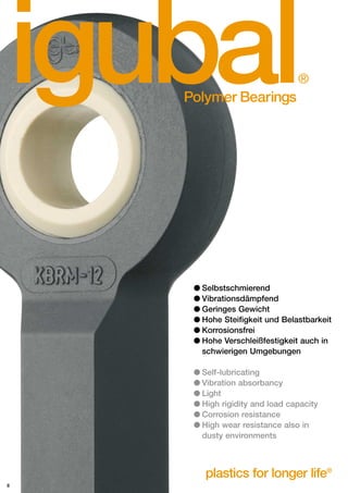 igubal

®

Polymer Bearings

q Selbstschmierend
q Vibrationsdämpfend
q Geringes Gewicht
q Hohe Steifigkeit und Belastbarkeit
q Korrosionsfrei
q Hohe Verschleißfestigkeit auch in
schwierigen Umgebungen
q Self-lubricating
q Vibration absorbancy
q Light
q High rigidity and load capacity
q Corrosion resistance
q High wear resistance also in
dusty environments

plastics for longer life®
8

 