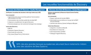 Les nouvelles fonctionnalités de Discovery
50% des plus grandes banques européennes sécurisent leurs traitements métiers
avec des solutions de Beta Systems.
7
«
Nouveau dans Beta 91 Discovery : Quality Management
Vérification normalisée des données et des logs traités sous z/OS.
Les nouveautés :
• Agents Discovery pour le contrôle qualité et l‘harmonisation
des processus non-z/OS.
• Automatisation des contrôles qualité des données SAP.
• Intégration complète parmi les agents Discovery.
• Fonctions élargies pour les routines de hachage et de comptage.
Inclus dans Discovery :
• BSA v6.
• Catalogue d‘agents Discovery.
• Outil d’audit de conformité.
• Vue unique (Single Point of Information).
Nouveau dans Beta 88 Discovery : Access Management
Gestion transparente du Resource Access Control Facility
(RACF) d‘IBM.
Les nouveautés :
• Support optimisé de Unicode (DBCS).
• Outil d’audit et de surveillance en temps réel de RACF
fournis ensemble.
• Interface avec Garancy Access Intelligence Manager.
Inclus dans Discovery :
• Intégration complète de Beta 89.
• Surveillance en temps réel.
• Outil d’examination de RACF.
• Catalogue d‘agents Discovery.
 