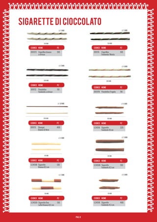 CODICE 	 NOME	

PZ	

CODICE 	 NOME	

PZ	

D93173	 Cigarillos bianco	
	
a strisce

199	

D91176	Cigarillos	
	
Fondente/ Menta

199	

CODICE 	 NOME	

PZ	

CODICE 	 NOME	

PZ	

100 MM

CODICE 	 NOME	

PZ	

CODICE 	 NOME	

PZ	

D91175	Shangai	
	
Bianco & Nero

490	

LC4516	 Sigarette 	
	
Fondente 10 cm	

225			

85 MM

CODICE 	 NOME	

PZ	

CODICE 	 NOME	

PZ	

LC4508	 Sigarette 	
	
Bianco 8,5 cm

130	

LC4506	Sigarette	
	
Fondente 8,5 cm

130	

45 MM

85 MM

CODICE 	 NOME	

PZ

CODICE 	 NOME	

PZ	

LC4509	 Sigarette Duo	
	
Latte/bianco 8,5 cm

130

LC4518	 Sigarette 	
	
Fondente 4,5 cm

400	

 