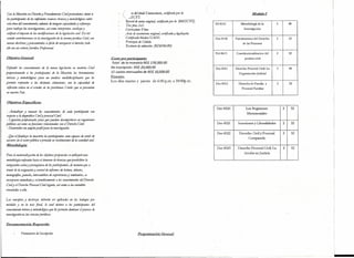 (
 Con la Maestría en Derecho y Procedimiento Civil pretendemos dotar a                           C_     ia del título Universitario, certificado por la          J
                                                                                                                                                                                             Modu/ol
losparticipatltes de los suficientes ,..C1/rSOSécnicos y metodológicos sobre
                                              t                                                     ~SCYT.
                                                                                                  Record de notas original, certificado por la (MBS CYT).
esta área del conocimiento; además de integrar capacidades y esfuerzos                                                                                              FiI-811 O       Metodología de la          3       48
                                                                                                  Tresjotos2x2.
para realizar las investigaciones, así como interpretar, analispr y                               Currículum Vitae.                                                                   Investigación
ca/ijicar el impacto de las modificacioms de la legislación civil ElI tal                         Acta de nacimiento original, certificada y legalizada.
sentido contribuiremos en la investigación de la norma jurídica Civil, con                        Certificada Medico UASD.                                          Der·8110    Fundamentos del Derecho        2       32
nuevas doctrinas y pensamientos       a efecto de enriquecer el derecho; todo                     Fotocopia de Cédula.
                                                                                                                                                                                     de las Personas
                                                                                                  Exámen de admisión. (RD$500.00)
ello con un criterio Jurídico Profesional.
                                                                                                                                                                    Pol-8613    Constitucionalizacion del      2       32
Obietivo General'                                                                        Costo por participante:                                                                       profeso civil
                                                                                         Total de la maestría RO$ 170,000.00
Difundir    los conocimiento,     de la nueva legiJlación en materia             Civil   De Inscripción: RO$ 20,000.00                                              Der-8511    Derecho Procesal Civil: La     3       48
proporciona/Ido    a los participantes        de la Maestría        las herramientas     15 cuotas mensuales de RD$ 10,000.00                                                     Organización Judicial
teóricas y metodológicas para         un análisis mu/tidisciplinario          que le,    Horario:
permita    responder a las distintas          situaciones,     con la capacidad     de   Los días martes y jueves de 6:00 p.m. a 10:00p.m.
                                                                                                                                                                    Der-8512      Derecho de Familia y         2       32
,..jlexión critica en el estudio de los problemas            Civile, que se presentan                                                                                               Procesal Familiar
en nuestro País.


 Obietivos Específicos:
                                                                                                                                                                     Der-8520          Los Regimenes               2    32
 - Actualizar y renovar los conoarmentos de cada participante con
                                                                                                                                                                                       Matrimoniales
 respecto a la dogmática Civil y procesal Civil
 - Capacitar profesionales para que puedan desempeñarse en organismos
públicos así como enfunciones relacionadas con el Derecho Civil.                                                                                                     Der·8521     Sucesiones y Liberalidades       2    32
 - Desarrollar un amplio perfil para la investigación.
                                                                                                                                                                     Der-8522     Derecho Civil y Procesal         2    32
- Que al finalizar la maestría los participantes sean capaces de servir de
                                                                                                                                                                                        Comparado
asesores en el sector público o privado en instituciones de la sociedad civiL
Metodología:
                                                                                                                                                                     Der-8523    Derecho Procesal Civil: La.       2    32
                                                                                                                                                                                     Acción en Justicia
Para la materialización     de ÚJsobjetivos propuestos se utilizará una
metodología enfocada hacia el dominio de técnicas que posibiliten la
integración activa y protagónica de los participantes,           de manera que a
través de la asignación y control de informes de lectura, debates,
monografías, paneles, intercambios de experiencias y seminarios, se
incorporen inmediata y siJtemáticamente a MS conocimientos del Derecho
Civil y el Derecho Procesal Civil vigente, así como a las variables
vzncuiadas a eHa.


Losconceptos y destrezas deberán ser aplicados en los trabaios por
módulos y C1I la tesis finaL, /0 cual dotara a los participantes del
conocimiento teorico y metodo/ógico que lespermita dominar elproceso de
investigacilin en las ciencias jurídicas.


Documenración Requerida:

             Formulario     de Inscripción.                                                                 Programación General:




                                                                                                                                                                                                                             L
 
