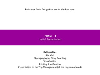 PHASE – 1 Initial Presentation Deliverables Site Visit Photography for Story Boarding Visualization Printing Specification Presentation to the Top Management (all the pages rendered) Reference Only: Design Process for the Brochure 