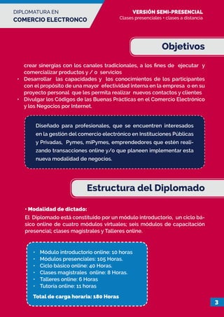 DIPLOMATURA EN
COMERCIO ELECTRONCO
Objetivos
Estructura del Diplomado
3
crear sinergias con los canales tradicionales, a l...