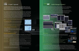 Surround Pan Positioning
Surround Monitor Setup
(THX pm3™ Monitor Flow)
This preset is configured for DVD-Video production. Use this preset when mixing and/or monitoring audio
content not from a theatrical film source. The parameters cannot be changed.
This preset is configured for Film pre-production. Use this preset when mixing and/or monitoring theatrical
film-based content (such as a pre-mix for film). The parameters cannot be changed.
This preset is configured for DVD-Music production. Use this preset when mixing and/or monitoring multi-
channel music content (including DVD-Audio and SACD). Only one parameter can be changed. The LFE
gain (AMP) can be set to +10dB (default) or 0dB. Select the level that complies with the standards of the
target media. Please note: The LFE output gain on some DVD players, receivers, and/or decoders may already
be set to +10dB. Select the 0dB setting only if the destination environment (home theatre, etc.) has the LFE
gain set to 0dB. Otherwise, use the default setting.
[THXD] THX DVD
[THXF] THX Film
[THXM] THX Music
THX Bass Management Presets:
The following presets have been approved by THX™ Ltd. for use in THX pm3™ Certified Studios*. They are designed to provide
dedicated parameters for the proper playback of multi-channel audio content in bass managed systems and to be compatible with
subwoofer-satellite type consumer systems.
* Use of a THX preset does not permit a studio to use the designation THX pm3™ Certified Studio. The THX pm3™ Studio Certification Program uses performance and
design specifications to create calibrated environments for optimum sound and picture presentation. For more information, visit the THX website at http://www.thx.com
The THX pm3™ logo is a trademark of THX Ltd. which may be registered in some jurisdictions. All rights reserved.
For more information on THX pm3™, please visit THX website at http://www.thx.com.
Visit Yamaha website at http://www.yamahaproaudio.com/ to find DM2000/1000, 02R96 surround set up manual, Quick Guide and Surround Tutorial Booklet.
The DM2000, DM1000 & 02R96 digital mixing consoles are the worlds first digital consoles to come
equipped with complete surround monitoring facilities, eliminating the need to connect and feed the
signal to external monitoring equipment. They are ideal surround solutions, particularly when used in
combination with the MSP7 Studio Powered Monitor Speaker.
Known worldwide for high quality entertainment sound and picture, the THX pm3™ (Professional Multi-
Channel Mixing & Monitoring) Studio Certification Program addresses the need for reliable, translatable,
and superior performance in professional multi-channel mixing and monitoring studios worldwide. THX
has created a performance standard that focuses on the listening and viewing environment, selection of
audio and video equipment, layout of the working area, and calibration. The DM2000, DM1000 & 02R96
are included in the THX pm3™ Approved Equipment list as Studio Monitoring Systems, and the MSP7
Studio Powered Monitor Speaker is included as Front & Surround speakers.
The Yamaha DM2000, DM1000 & 02R96 digital mixing consoles have the following surround functions
built-in.
Surround production functions
• Fully compatible with 3-1, 5.1 and 6.1 surround processing, panning and monitoring
• Flexible surround bus set up
• Built-in Joy stick
• Graphical user interface and parameters to assist accurate surround PAN positioning and
efficient moves of sound image.
• Built-in surround effects including “Reverb 5.1”, “Comp 5.1”, “Expand 5.1” etc.
THX pm3™ Approved surround monitoring functions
• Downmix monitoring matrix
• Bass Management: comprehensive filter and attenuator setting and THX pm3(tm) presets
• Monitor Alignment functions (Attenuator and delay for individual speakers)
• Built-in Oscillator
• “Snap to 85dB SPL” function
The original Studio Manager application has undergone a significant evolution and has been reborn as Studio Manager
Version 2. The hybrid Windows®/Macintosh® Studio Manager application has been rewritten as a host application which
hosts the DM2000, DM1000, 02R96, or 01V96 Editor that actually controls the console, and which can be used
simultaneously with other editors for centralized, versatile multi-console control.
Simply connect the console to a computer via its TO HOST port (combined USB/serial), and the computer functions as
comprehensive control center for the entire system. You can even open and close Studio Manager Version 2 windows from
the console controls, for seamless system integration and optimum operation efficiency in any application. Studio
Manager Version 2 also provides an advanced GUI for the VCM plug-ins provided in the VCM series consoles.
Master Window
Layer Window
Studio Manager V2 Host Window
Patch Editor Window
Patch Editor-Effect Window
GEQ Editor Window
Library Window
Meter Window
Surround Editor Window
Selected Channel Window
SPX 2000 Editor (REV-X)
22 23
Editor Features
The DM2000, DM1000, 02R96, and 01V96 Editor programs run under the Studio Manager Version2 host
application, and offers features and functionality that have been refined and updated for professional-level
control. Some of the most significant refinements include:
■ Master Fader Window provides independent master fader display and control.
■ Meter Window shows levels on all channels.
■ A new Automix Library Window has been added to the library windows.
■ Layer Window allows selection and display of effects and other sources above the panel pan controls.
■ Selected Channel Window adds graphic gate displays and long-stroke channel metering.
■ Patch Edit Window is now resizable, and displays effect block inputs and outputs.
■ Effect Editor Window includes an enhanced interface and fine control for the VCM plug-ins.
Enhanced Editing Windows
Version 2 provides a number of enhanced editing windows, including a “Master Fader Window” that shows only the master fader,
and a “Meter Window” that shows meters for all channels. In the “Layer Window,” the master fader block now can be separated, while
the fader level is shown by a numeric value as well as graphically. The “Selected Channel Window,” now includes gate type indication and
long-stroke channel metering. The “Patch Edit Window” has been redesigned for easier viewing and can be resized as desired, while also
showing both inputs and outputs to and from each effect block. In the “Library Window” you can now perform multiple simultaneous
scenes/library operations. Studio Manager Version 2 also includes the “Effect Editor Window” for comprehensive control of the VCM plug-ins.
Studio Manager Version 2
 