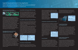 Dedicated Yamaha DSP LSIs Deliver
Unprecedented 24bit, 96kHz Performance
Unlike digital consoles that achieve operation in 96K mode with
reduced number of tracks, Yamaha digital mixing consoles impose no
such limitations at any of the provided sampling rates. In all Yamaha
VCM series consoles, 96kHz with 32bit internal processing is the
standard. Multiple high-resolution Yamaha DSP7 and DSP6 LSIs are
used for mix processing and effects, achieving performance that
stretches the limits of the most advanced technology currently
available. By way of comparison, the original Yamaha 02R – the digital
mixing console that almost single handedly started the digital
production revolution, and rapidly became the industry standard –
had only one ninth of the processing power provided by today’s
DM2000VCM console. We’re talking about super-clean, super-
dynamic, noise-free 24bit/96kHz audio, plus all the additional effects
and processing you’ll ever need for most applications.
Outstanding Mic Preamps with Onboard
24bit/96kHz AD/DA Conversion
Taking the high-resolution discussion a
step further, what about analog-to-digital
and digital-to-analog conversion? The
same applies: if you don’t have all 24bits at
the full 96kHz in top-quality converters,
you’re definitely going to be missing something (i.e. part of your
sound). Once again, the VCM series digital mixing consoles impose no
limitations. All onboard A/D and D/A conversion makes use of top-
performance 24bit/96kHz converters. This is particularly important in
these consoles because they feature some of the finest analog
microphone preamps available in any console, anywhere. The on-
board converters ensure that you get an excellent digital representation
of the warm, transparent output from these remarkable preamps. A
range of Mini-YGDAI digital and analog I/O cards also provide full
24bit/96kHz capability.
Internal Effects Fully Support 96kHz Processing
What’s the point of having 24bit/96kHz audio if you have to convert
down to a lower sampling rate for effect processing? That’s exactly
what’s happening if you’re using hardware or software processors that
don’t offer 24bit/96kHz performance anywhere in your signal chain.
That’s why Yamaha included a comprehensive range of 96kHz
compatible stereo effects – plus several designed specifically for
surround. And you can use multiple effect processors simultaneously!
Top-quality Compression, Gating, EQ and Delay
These powerful mixing consoles feature flexible, independent channel
compression and gating/ducking processors for dynamics control, 4-
band parametric channel equalizers that offer extra versatility with
switchable “type I” or “type II’ EQ algorithms to deliver the response
you prefer, and a channel delay.
The equalizers offer particularly fine control with ±18dB gain in 0.1dB
increments, full frequency sweep from 20Hz to 20kHz, and 41-point
variable Q on each band. There’s also surround pan for up to 6.1
mixes on all models except the 01V96VCM, stereo pan, and phase
switching. All channel functions except gating are also provided on all
output buses (main, auxiliary, and stereo). An extensive list of preset
EQ, Comp, and Gate “libraries” are provided for fast, easy setup, and
user libraries are available for storage and instant recall of your own
setups. Comp/gate gain reduction metering is also provided on the
meter display.
Extraordinary Patching Flexibility
All available inputs, outputs, effects, and channel inserts can be
assigned to any of the console’s channels or outputs via a remarkably
versatile, easy-to-use digital patching system. For example, any of the
effect processors can be assigned to an auxiliary buss for send-type
operation, or inserted directly into any input channel as required. A
direct out function also allows the signal from any input channel to be
routed directly to any digital or
analog output in the system. The
DM2000VCM features an additional
matrix mix system that can be used
to provide cue monitor mixes,
downmix monitoring for surround
production, or zone level control for
sound reinforcement applications.
Comprehensive Automation and Scene Control
Automation and Scene Memory recall capability are essential elements
of modern digital mixing consoles. Yamaha takes these functions to
the highest level of precision and ease-of-use. While providing full
automation of virtually all parameters, these consoles feature smooth
and quiet motorized faders that make writing and updating automated
mixes faster and more intuitive than ever. And all automation data is
recorded at 1/4-frame accuracy to ensure excellent precision. Global
Fade Time and Global Recall Safe are provided in addition to
independent fade time and recall safe settings for each scene, so you
can set global fade time and recall
safe settings that apply to all scenes.
This ability can dramatically reduce
setup time when you will be using
multiple scenes with the same
settings.
Layered Channels
One of the advantages of working with digital is that it allows
maximum power and flexibility to be packed into minimum space.
The DM2000VCM’s 24 precision 100-millimeter motorized channel
faders, for example, can be instantaneously layer-switched to control
any of 96 channels. On the DM1000VCM you have 48 channels in
three layers, on the 02R96VCM there are 48 channels in two layers,
and the 01V96VCM has 32 channels in two layers. You have
maximum channels in minimum space, and switching between layers
with the channels right in front of you can be a lot faster and easier
than trying to locate a desired channel on a massive spread-out
console. More importantly, all operations can be carried out without
having to move away from the monitoring “sweet spot”.
Versatile Channel Pairing
and Grouping Functions
In addition to being able to pair faders “horizontally,” corresponding
faders in adjacent layers can be “vertically” paired, allowing each
physical channel fader to be used for stereo channel control. Multiple
stereo channels can thus be controlled from a single layer with a whole
list of linked parameters. You can group faders and mutes from any
selected input channels or output busses and store the settings in
multiple banks. Furthermore, EQ and compressor parameter settings
can be linked for simultaneous operation. The group and link
functions are very convenient for various applications including sound
reinforcement and surround production.
Intuitive Interface Designed for
Maximum Productivity
Anyone who is familiar with the original 02R will immediately feel
comfortable with any of the VCM series digital mixers. While the
comprehensive, efficient display format of the 02R has been inherited
by all models in the series, the control surface and user interface
system have evolved to allow analog-style hands-on operation with
minimum need to refer to the LCD. The motto: mix with your ears,
not with your eyes. User-defined keys, which can be assigned to
functions of your choice, are also provided.
Input Patch
Input Fade Time
Superior Sound and Control in Any Application
Although they vary in capacity, the four VCM series digital mixing consoles presented in this catalogue share a
significant number of features that characterize Yamaha digital consoles, and in many ways account for their
leading position in the production, sound reinforcement, and broadcast fields.
User Assignable Layer
Input Channel Layer
1–16
Input Channel Layer
17–32
Input Channel Layer
33–48
Master Layer
EQ Edit Gate Edit
14 15
(ex. DM1000VCM)
 