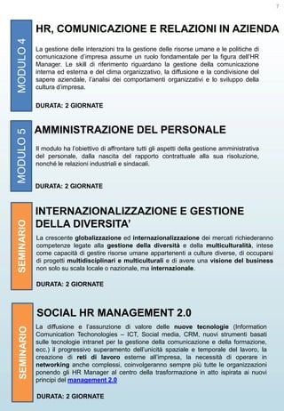 7

MODULO 4

HR, COMUNICAZIONE E RELAZIONI IN AZIENDA
La gestione delle interazioni tra la gestione delle risorse umane e le politiche di
comunicazione d’impresa assume un ruolo fondamentale per la figura dell’HR
Manager. Le skill di riferimento riguardano la gestione della comunicazione
interna ed esterna e del clima organizzativo, la diffusione e la condivisione del
sapere aziendale, l’analisi dei comportamenti organizzativi e lo sviluppo della
cultura d’impresa.

MODULO 5

DURATA: 2 GIORNATE

AMMINISTRAZIONE DEL PERSONALE
Il modulo ha l’obiettivo di affrontare tutti gli aspetti della gestione amministrativa
del personale, dalla nascita del rapporto contrattuale alla sua risoluzione,
nonché le relazioni industriali e sindacali.

SEMINARIO

DURATA: 2 GIORNATE

INTERNAZIONALIZZAZIONE E GESTIONE
DELLA DIVERSITA’
La crescente globalizzazione ed internazionalizzazione dei mercati richiederanno
competenze legate alla gestione della diversità e della multiculturalità, intese
come capacità di gestire risorse umane appartenenti a culture diverse, di occuparsi
di progetti multidisciplinari e multiculturali e di avere una visione del business
non solo su scala locale o nazionale, ma internazionale.
DURATA: 2 GIORNATE

SEMINARIO

SOCIAL HR MANAGEMENT 2.0
La diffusione e l’assunzione di valore delle nuove tecnologie (Information
Comunication Techonologies – ICT, Social media, CRM, nuovi strumenti basati
sulle tecnologie intranet per la gestione della comunicazione e della formazione,
ecc.) il progressivo superamento dell’unicità spaziale e temporale del lavoro, la
creazione di reti di lavoro esterne all’impresa, la necessità di operare in
networking anche complessi, coinvolgeranno sempre più tutte le organizzazioni
ponendo gli HR Manager al centro della trasformazione in atto ispirata ai nuovi
principi del management 2.0
DURATA: 2 GIORNATE

 