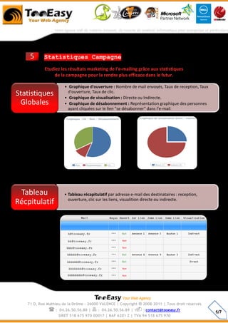 5      Statistiques Campagne
           Etudiez les résultats marketing de l’e-mailing grâce aux statistiques
               de la campagne pour la rendre plus efficace dans le futur.

                      • Graphique d'ouverture : Nombre de mail envoyés, Taux de reception, Taux
Statistiques            d'ouverture, Taux de clic.
                      • Graphique de visualisation : Directe ou Indirecte.
 Globales             • Graphique de désabonnement : Représentation graphique des personnes
                        ayant cliquées sur le lien "se désabonner" dans l'e-mail.




 Tableau              • Tableau récapitulatif par adresse e-mail des destinataires : reception,
                        ouverture, clic sur les liens, visualition directe ou indirecte.
Récpitulatif




   71 D, Rue Mathieu de la Drôme - 26000 VALENCE | Copyright   ® 2008-2011 | Tous droit réservés
             :     04.26.50.56.88 |  : 04.26.50.56.89 |  : contact@tooeasy.fr                   4/7
                                                                                                   5/7
                   SIRET 518 675 970 00017 | NAF 6201 Z | TVA 94 518 675 970
 