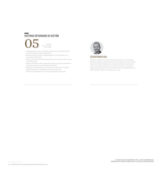 32— POSTGRADO UPC_EDUCACIÓN EJECUTIVA GERENCIAL_EEG
LA ESCUELA DE POSTGRADO DE LA UPC SE RESERVA EL
DERECHO DE HACER CAMBIOS EN LA PLANA DE PROFESORES.
VIERNES
19 FEB - 08 ABR
SAN ISIDRO
— Interpretación de los contenidos de las normas: ISO 9001:2008;
ISO 14001:2004 y OHSAS 18001:2007
—Sistema de Gestión de la calidad basado en los requisitos de la
norma ISO 9001:2008.
—Sistema de Gestión ambiental basado en los requisitos de la norma
ISO 14001:2004.
—Sistema de Gestión de la seguridad y salud ocupacional basada en
los requisitos de la norma OHSAS 18001:2007
—Planificar la integración de un Sistema de Gestión de la calidad,
Medio Ambiente y Seguridad y Salud Ocupacional.
—Evaluar el desempeño de un sistema integrado de gestión
SISTEMAS INTEGRADOS DE GESTIÓN
05
Magister Scientiae en Industrias Forestales por la Universidad
Nacional Agraria. Auditor Interno de la Calidad por la Asociación
Francesa de Normalización. Es Gerente General de Qualitas del
Perú. Con amplia experiencia en implementación, auditorías y
capacitación en ISO 9000 e ISO 14000, HACCP, OHSAS 18000, SA
8000, ISO IEC 17025, ISO 22000, entre otros.
CÉSAR RIVASPLATA
 