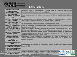 INSTITUTO NACIONAL 
PENITENCIARIO Y 
CARCELARIO - INPEC 
Interventoría Técnica, Administrativa y Contable para las Obras de Adecuaciones 
Generales en la Penitenciaría Nacional de Cúcuta. 
CARRERA 47 No. 65-61 OFICINA 101 EDIFICIO PORTAL DE LA FLORESTA TELEFAX. (7) 6573201 - 
6574509 
BUCARAMANGA - COLOMBIA 
proes@proes.com.co - www.proes.com.co 
INSTITUTO DE 
DESARROLLO URBANO - 
IDU 
Estudio Socioeconómico de la Zona Nor-Oriental del Distrito Capital de Santa Fe de 
Bogotá. 
INSTITUTO NACIONAL DE 
VIAS - INVIAS 
Interventoría de las Obras de Mejoramiento a Ejecutar en el Sector El Difícil (K1+300) - 
Cuba - Gualilo - Jordán (K16+100) de la Carretera Vélez - Landázuri. 
INSTITUTO NACIONAL DE 
VIAS - INVIAS 
Interventoría para el Mantenimiento de la Carretera Barbosa - Oiba. 
EMPRESA COLOMBIANA 
DE GAS - ECOGAS 
Estudio de Alternativas y Elaboración de la Ingeniería Básica para la Construcción del 
Gasoducto Yumbo-Caloto. 
ELECTRIFICADORA DE 
SANTANDER S.A. E.S.P. 
Estudio de Factibilidad Técnica y Financiera de una Nueva conexión de STR/SDL de la 
Electrificadora de Santander al STN en la Zona Sur del Departamento de Santander. 
EMPRESA COLOMBIANA 
DE GAS - ECOGAS 
Inventario Físico, Asistencia Técnica, Diseños, Elaboración de Términos de Referencia y 
Presupuestos Básicos para Obras de Protección Geotécnica de Alta Prioridad en el 
Derecho de Vía del Gasoducto Centro Oriente. 
CONMINAS LTDA - 
COOPROCARCEGUA 
LTDA 
Estructuración Técnica y Financiera y Preparación de Pliegos de Condiciones de la 
Licitación Pública para la Construcción del Puente sobre el Río Zulia en Puerto León - 
Municipio de Cúcuta. 
MINISTERIO DE 
EDUCACION NACIONAL - 
MEN 
CENTRO REGIONAL PARA 
EL FOMENTO DEL LIBRO 
EN AMERICA LATINA Y EL 
CARIBE -CERLALC 
Implementación del Sistema de Seguimiento Interno del Programa Nuevo Sistema 
Escolar - PNSE. 
EMPRESA COLOMBIANA 
DE GAS - ECOGAS 
Ingeniería de Detalle para la Construcción de la Variante Puente Guillermo (Puente 
Nacional) – Sucre Oriental (Chiquinquira) y sus Correspondientes Facilidades, Gasoducto 
Centro Oriente. Departamentos de Santander y Boyacá. 
 