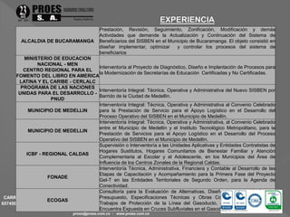 ALCALDIA DE BUCARAMANGA 
Prestación, Revisión, Seguimiento, Zonificación, Modificación y demás 
Actividades que demande la Actualización y Continuación del Sistema de 
Beneficiarios del SISBEN en el Municipio de Bucaramanga. El objeto consistió en 
diseñar implementar, optimizar y controlar los procesos del sistema de 
beneficiarios 
MINISTERIO DE EDUCACION 
NACIONAL - MEN 
CENTRO REGIONAL PARA EL 
FOMENTO DEL LIBRO EN AMERICA 
LATINA Y EL CARIBE - CERLALC 
Interventoría al Proyecto de Diagnóstico, Diseño e Implantación de Procesos para 
la Modernización de Secretarías de Educación Certificadas y No Certificadas. 
PROGRAMA DE LAS NACIONES 
UNIDAS PARA EL DESARROLLO - 
CARRERA 47 No. 65-61 OFICINA 101 EDIFICIO PORTAL DE LA FLORESTA TELEFAX. (7) 6573201 - 
6574509 
BUCARAMANGA - COLOMBIA 
proes@proes.com.co - www.proes.com.co 
PNUD 
Interventoría Integral: Técnica, Operativa y Administrativa del Nuevo SISBEN por 
Barrido de la Ciudad de Medellín. 
MUNICIPIO DE MEDELLIN 
Interventoría Integral: Técnica, Operativa y Administrativa al Convenio Celebrado 
para la Prestación de Servicio para el Apoyo Logístico en el Desarrollo del 
Proceso Operativo del SISBEN en el Municipio de Medellín. 
MUNICIPIO DE MEDELLIN 
Interventoría Integral: Técnica, Operativa y Administrativa, al Convenio Celebrado 
entre el Municipio de Medellín y el Instituto Tecnológico Metropolitano, para la 
Prestación de Servicios para el Apoyo Logístico en el Desarrollo del Proceso 
Operativo del SISBEN en el Municipio de Medellín. 
ICBF - REGIONAL CALDAS 
Supervisión o Interventoría a las Unidades Aplicativas y Entidades Contratistas de 
Hogares Sustitutos, Hogares Comunitarios de Bienestar Familiar y Atención 
Complementaria al Escolar y el Adolescente, en los Municipios del Área de 
Influencia de los Centros Zonales de la Regional Caldas. 
FONADE 
Interventoría Técnica, Administrativa, Financiera y Contable al Desarrollo de las 
Etapas de Capacitación y Acompañamiento para la Primera Fase del Proyecto 
Gel-T en las Entidades Territoriales de Segundo Orden, para la Agenda de 
Conectividad. 
ECOGAS 
Consultoría para la Evaluación de Alternativas, Diseño, Ingeniería de Detalle, 
Presupuesto, Especificaciones Técnicas y Obras Complementarias para los 
Trabajos de Protección de la Línea del Gasoducto, en donde la Tubería se 
Encuentra Expuesta en Cruces Subfluviales en el Gasoducto Centro Oriente. 
 