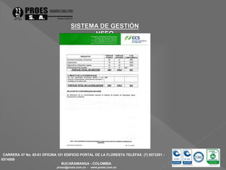 CARRERA 47 No. 65-61 OFICINA 101 EDIFICIO PORTAL DE LA FLORESTA TELEFAX. (7) 6573201 - 
6574509 
BUCARAMANGA - COLOMBIA 
proes@proes.com.co - www.proes.com.co 
