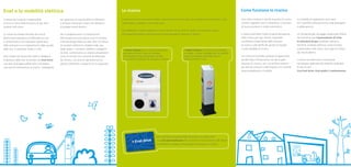 Enel e la mobilità elettrica                                                                                   La ricarica                                                                                                      Come funziona la ricarica

Il settore dei trasporti è responsabile                 per garantire un servizio diffuso, efficiente          Il sistema di ricarica dei veicoli elettrici ideato da Enel è innovativo, tecnologicamente avanzato e allo       Una volta connesso il veicolo al punto di ricarica   Le modalità di pagamento sono varie
di circa un terzo delle emissioni di gas serra          e di facile utilizzo per coloro che decidono           stesso tempo, semplice e sicuro da usare.                                                                        tramite l’apposito cavo in dotazione, il processo    ed è possibile utilizzare anche carte prepagate
prodotti dall’uomo.                                     di guidare veicoli elettrici.                                                                                                                                           di ricarica avviene in modo automatico.              o abbonamenti.
                                                                                                               Per soddisfare le diverse esigenze e stili di vita dei clienti, Enel ha creato un sistema di ricarica
Le nuove tecnologie alla base dei veicoli               Per la progettazione e la realizzazione                all’avanguardia basato sulla presenza di due tipologie di stazione di ricarica:                                  Il sistema permette inoltre la personalizzazione     Un fondamentale vantaggio ambientale offerto
elettrici permetteranno di diffonderne l’uso            dell’infrastruttura di ricarica, Enel si è basata                                                                                                                       della ricarica per ogni cliente, basandosi           da Enel drive sarà l’azzeramento di tutte
e consentiranno una riduzione significativa             sulla tecnologia della sua rete: oltre 32 milioni                                                                                                                       sull’effettiva disponibilità della stazione          le emissioni di gas (anidride carbonica,
delle emissioni e un miglioramento della qualità        di contatori elettronici installati nelle case                                                                                                                          di ricarica, sulle tariffe dei gestori di energia    benzene, anidride solforosa, ossidi di azoto
della vita, in particolar modo in città.                degli italiani. I contatori, teleletti e telegestiti                                                                                                                    e sulla modalità di ricarica.                        e particolato) nelle città e nei luoghi di utilizzo
                                                                                                                • Home Station per la ricarica domestica,                      • Public Station è la colonnina installata
                                                        da Enel, costituiscono un sistema attualmente           permette di fare il carico di energia                          in strada, in punti strategici per la mobilità                                                        dei veicoli elettrici.




                                                                                                                                                                                                                                Enel drive
Enel, leader nel settore dei sistemi intelligenti       unico al mondo che consente di effettuare,              comodamente da casa propria, grazie                            opportunamente concordati con le                 Un Centro di Controllo consente la supervisione
di gestione della rete, ha avviato con Enel drive       da remoto, una serie di operazioni prima                al contatore installato nel garage o nel box.                  amministrazioni locali.                          sia dell’intera infrastruttura che del singolo       L’unione tra elettricità e innovazione
una serie di progetti pilota volti a sviluppare         gestite solamente in presenza di un operatore.                                                                                                                          processo di ricarica, con una verifica costante      tecnologica applicata alla mobilità migliorerà
una rete di infrastrutture di ricarica “intelligente”                                                                                                                                                                           dei dati dei consumi e dell’importo che il cliente   la vita di tutti.
                                                                                                                                                                                                                                troverà addebitato in bolletta.                      Con Enel drive, Enel guida il cambiamento.




                                                                                                                                                  Altro elemento fondamentale del sistema di ricarica Enel
                                                                                                                                                  è la card personalizzata che consente il riconoscimento del cliente
                                                                                                                                                  e permette di attivare e interrompere il processo di ricarica.
 