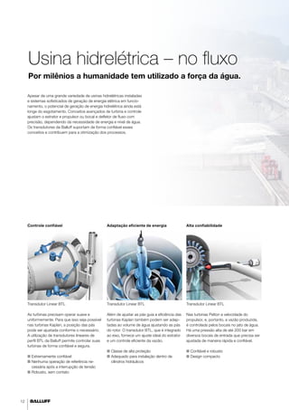 12 
Usina hidrelétrica – no fluxo 
Por milênios a humanidade tem utilizado a força da água. 
Apesar de uma grande variedade de usinas hidrelétricas instaladas 
e sistemas sofisticados de geração de energia elétrica em funcio-namento, 
o potencial de geração de energia hidrelétrica ainda está 
longe do esgotamento. Conceitos avançados de turbina e controle 
ajustam o estrator e propulsor ou bocal e defletor de fluxo com 
precisão, dependendo da necessidade de energia e nível de água. 
Os transdutores da Balluff suportam de forma confiável esses 
conceitos e contribuem para a otimização dos processos. 
Controle confiável 
Transdutor Linear BTL 
As turbinas precisam operar suave e 
uniformemente. Para que isso seja possível 
nas turbinas Kaplan, a posição das pás 
pode ser ajustada conforme o necessário. 
A utilização de transdutores lineares de 
perfil BTL da Balluff permite controlar suas 
turbinas de forma confiável e segura. 
■■ Extremamente confiável 
■■ Nenhuma operação de referência ne-cessária 
após a interrupção de tensão 
■■ Robusto, sem contato 
Adaptação eficiente de energia 
Transdutor Linear BTL 
Além de ajustar as pás guia a eficiência das 
turbinas Kaplan também podem ser adap-tadas 
ao volume de água ajustando as pás 
do rotor. O transdutor BTL, que é integrado 
ao eixo, fornece um ajuste ideal do estrator 
e um controle eficiente da vazão. 
■■ Classe de alta proteção 
■■ Adequado para instalação dentro de 
cilindros hidráulicos 
Alta confiabilidade 
Transdutor Linear BTL 
Nas turbinas Pelton a velocidade do 
propulsor, e, portanto, a vazão produzida, 
é controlada pelos bocais no jato de água. 
Há uma pressão alta de até 200 bar em 
diversos bocais de entrada que precisa ser 
ajustada de maneira rápida e confiável. 
■■ Confiável e robusto 
■■ Design compacto 
 