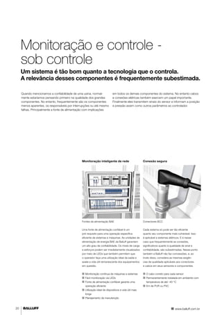 Monitoração e controle - 
sob controle 
Um sistema é tão bom quanto a tecnologia que o controla. 
A relevância desses componentes é frequentemente subestimada. 
Quando mencionamos a confiabilidade de uma usina, normal-mente 
estaríamos pensando primeiro na qualidade dos grandes 
componentes. No entanto, frequentemente são os componentes 
menos aparentes, os responsáveis por interrupções ou até mesmo 
falhas. Principalmente a fonte de alimentação com implicações 
em todos os demais componentes do sistema. No entanto cabos 
e conexões elétricas também exercem um papel importante. 
Finalmente eles transmitem sinais do sensor e informam a posição 
e pressão assim como outros parâmetros ao controlador. 
Monitoração inteligente de rede 
Fontes de alimentação BAE 
Uma fonte de alimentação confiável é um 
pré-requisito para uma operação específica 
eficiente de sistemas e máquinas. As unidades de 
alimentação de energia BAE da Balluff garantem 
um alto grau de confiabilidade. Os níveis de carga 
e esforços podem ser imediatamente visualizados 
por meio de LEDs que também permitem que 
o operador faça uma utilização ideal da saída e 
avalie a vida útil remanescente dos equipamentos 
em questão. 
■■ Monitoração contínua de máquinas e sistemas 
■■ Fácil monitoração via LEDs 
■■ Fonte de alimentação confiável garante uma 
operação eficiente 
■■ Utilização ideal de dispositivos e vida útil mais 
longa 
■■ Planejamento de manutenção 
Conexão segura 
Conectores BCC 
Cada sistema só pode ser tão eficiente 
quanto seu componente mais vulnerável. Isso 
é aplicável a sistemas elétricos. E é nesse 
caso que frequentemente as conexões, 
significativos quanto à qualidade de sinal e 
confiabilidade, são subestimadas. Nesse ponto 
também a Balluff não faz concessões, e, ao 
invés disso, considera as mesmas exigên-cias 
de qualidade aplicáveis aos conectores 
e cabos em seus sensores e componentes. 
■■ O cabo correto para cada sensor 
■■ Permanentemente instalada em ambiente com 
temperatura de até –40 °C 
■■ Em de PUR ou PVC 
20 www.balluff.com.br 
 