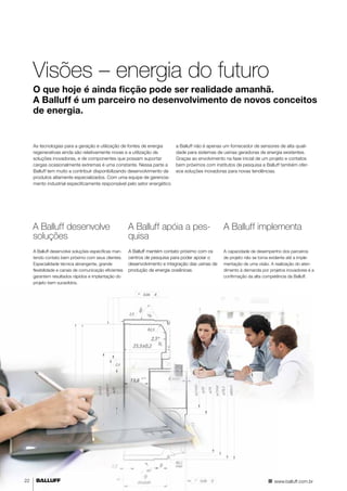 22 
Visões – energia do futuro 
O que hoje é ainda ficção pode ser realidade amanhã. 
A Balluff é um parceiro no desenvolvimento de novos conceitos 
de energia. 
A Balluff desenvolve 
soluções 
A Balluff implementa 
www.balluff.com.br 
As tecnologias para a geração e utilização de fontes de energia 
regenerativas ainda são relativamente novas e a utilização de 
soluções inovadoras, e de componentes que possam suportar 
cargas ocasionalmente extremas é uma constante. Nessa parte a 
Balluff tem muito a contribuir disponibilizando desenvolvimento de 
produtos altamente especializados. Com uma equipe de gerencia-mento 
industrial especificamente responsável pelo setor energético 
a Balluff não é apenas um fornecedor de sensores de alta quali-dade 
para sistemas de usinas geradoras de energia existentes. 
Graças ao envolvimento na fase inicial de um projeto e contatos 
bem próximos com institutos de pesquisa a Balluff também ofer-ece 
soluções inovadoras para novas tendências. 
A Balluff mantém contato próximo com os 
centros de pesquisa para poder apoiar o 
desenvolvimento e integração das usinas de 
produção de energia oceânicas. 
A Balluff desenvolve soluções específicas man-tendo 
contato bem próximo com seus clientes. 
Especialidade técnica abrangente, grande 
flexibilidade e canais de comunicação eficientes 
garantem resultados rápidos e implantação do 
projeto bem sucedidos. 
A capacidade de desempenho dos parceiros 
de projeto não se torna evidente até a imple-mentação 
de uma visão. A realização do aten-dimento 
à demanda por projetos inovadores é a 
confirmação da alta competência da Balluff. 
A Balluff apóia a pes-quisa 
 