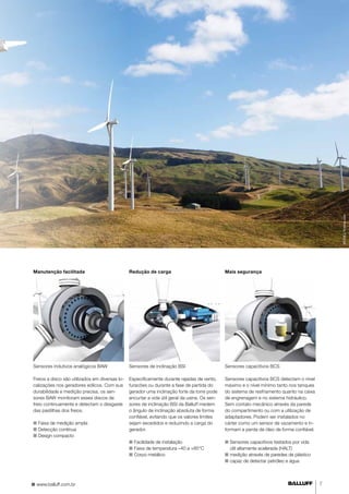 Manutenção facilitada 
Sensores indutivos analógicos BAW 
Freios a disco são utilizados em diversas lo-calizações 
nos geradores eólicos. Com sua 
durabilidade e medição precisa, os sen-sores 
BAW monitoram esses discos de 
freio continuamente e detectam o desgaste 
das pastilhas dos freios. 
■■ Faixa de medição ampla 
■■ Detecção contínua 
■■ Design compacto 
Redução de carga 
Sensores de inclinação BSI 
Especificamente durante rajadas de vento, 
furacões ou durante a fase de partida do 
gerador uma inclinação forte da torre pode 
encurtar a vida útil geral da usina. Os sen-sores 
de inclinação BSI da Balluff medem 
o ângulo de inclinação absoluta de forma 
confiável, evitando que os valores limites 
sejam excedidos e reduzindo a carga do 
gerador. 
■■ Facilidade de instalação 
■■ Faixa de temperatura –40 a +85°C 
■■ Corpo metálico 
Mais segurança 
Sensores capacitivos BCS 
Sensores capacitivos BCS detectam o nível 
máximo e o nível mínimo tanto nos tanques 
do sistema de resfriamento quanto na caixa 
de engrenagem e no sistema hidráulico. 
Sem contato mecânico através da parede 
do compartimento ou com a utilização de 
adaptadores. Podem ser instalados no 
cárter como um sensor de vazamento e in-formam 
a perda de óleo de forma confiável. 
■■ Sensores capacitivos testados por vida 
útil altamente acelerada (HALT) 
■■ medição através de paredes de plástico 
■■ capaz de detectar petróleo e água 
www.balluff.com.br 7 
©CHILL/fotolia.com 
 
