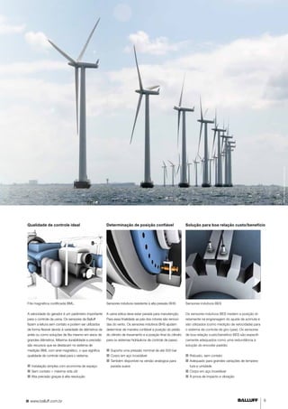 Qualidade de controle ideal 
Determinação de posição confiável 
Solução para boa relação custo/benefício 
www.balluff.com.br 9 
©Carina Hansen/fotolia.com 
Fita magnética codificada BML. 
A velocidade do gerador é um parâmetro importante 
para o controle da usina. Os sensores da Balluff 
fazem a leitura sem contato e podem ser utilizados 
de forma flexível devido à variedade de diâmetros de 
anéis ou como soluções de fita mesmo em eixos de 
grandes diâmetros. Máxima durabilidade e precisão 
são recursos que se destacam no sistema de 
medição BML com anel magnético, o que significa 
qualidade de controle ideal para o sistema. 
■■I nstalação simples com economia de espaço 
■■ Sem contato = máxima vida útil 
■■ Alta precisão graças à alta resolução 
Sensores indutivos resistente à alta pressão BHS 
A usina eólica deve estar parada para manutenção. 
Para essa finalidade as pás dos rotores são removi-das 
do vento. Os sensores indutivos BHS ajudam 
determinar de maneira confiável a posição do pistão 
do cilindro de travamento e a posição final do cilindro 
para os sistemas hidráulicos de controle de passo. 
■■Suporta uma pressão nominal de até 500 bar 
■■ Corpo em aço inoxidável 
■■ Também disponível na versão analógica para 
parada suave 
Sensores indutivos BES 
Os sensores indutivos BES medem a posição di-retamente 
na engrenagem do ajuste de azimute e 
são utilizados (como medição de velocidade) para 
o sistema de controle de giro (yaw). Os sensores 
de boa relação custo/benefício BES são especifi-camente 
adequados como uma redundância à 
solução do encoder padrão. 
■■ Robusto, sem contato 
■■ Adequado para grandes variações de tempera-tura 
e umidade 
■■ Corpo em aço inoxidável 
■■ À prova de impacto e vibração 
 