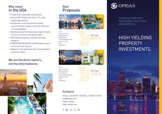 Phone: +44 (0) 207 138 2942, +1 (786) 210 9916
info@opisas.com
Skype: opisas
www.opisas.com
Contacts
Real
Proposals
Price:
Pre-crisis Price:
Monthly Rental:
Gross Rental:
Property Management:
Property Taxes:
HOA:
Net Rental:
79.000
158.000
950
14,43
76
93
250
6.372
$
$
$
%
$
$
$
$
NET Yield
8,07 %
-50%
Price:
Pre-crisis Price:
Monthly Rental:
Gross Rental:
Property Management:
Property Taxes:
HOA:
Net Rental:
69.000
152.000
800
13,91
64
86
225
5.100
$
$
$
%
$
$
$
$
NET Yield
7,39 %
• Property prices below market value
• Annual NET Yields from 6% to 11%, plus
capital appreciation
• Investment in the first world economy
and in US Dollars which is still the reference
currency globally
• Absolute protection of private property thanks
to a strict certainty of property rights
• Renovated properties complete with due
diligence
• PROPERTIES ALREADY LEASED which assure
an income from day one
• Regular rental payments with strong landlord
protection rights
We are the direct owners,
not the intermediaries
Why invest
in the USA
-55%Tampa
p/m
p/a
p/m
p/m
p/m
p/a
p/m
p/a
p/m
p/m
p/m
p/a
OVERSEAS PROPERTY
INVESTMENT SOLUTIONS
AND SERVICES.
HIGH YIELDING
PROPERTY
INVESTMENTS.
OPISAS.COM
 
