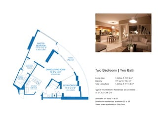 MASTER
BEDROOM
17‘ 0” x 12’ 0”
5.18m x 3.66m

TERRACE
38‘ 0” x 5’ 0”
11.58m x 1.52m

DRESSING ROOM
WALK-IN CLOSET
8‘ 0” x 7’ 0”
2.44m x 2.13m

DINING/LIVING ROOM
19‘ 8” x 16’ 0”

Two Bedroom | Two Bath

6.03m x 4.88m
MASTER
BATHROOM
9‘ 10” x 6’ 4”

Living Area:

KITCHEN
9‘ 6” x 8’ 4”
2.90m x 2.54m

BEDROOM/DEN
11‘ 6” x 10’ 6”
3.51m x 3.23m

1,048 sq. ft. / 97.4 m²

Balcony:

3.00m x 1.95m

177 sq. ft. / 16.4 m²

Total Living Area:

1,225 sq. ft. / 113.8 m²

Typical Two Bedroom Residences are available
as C1, C2, C14, C15
Available on floors 11 to 51
Penthouse residences available 52 to 55
Tower suites available on 56th floor

 