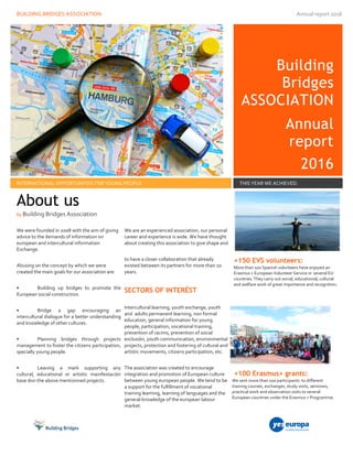 BUILDING BRIDGES ASSOCIATION Annual report 2016
Building
Bridges
ASSOCIATION
Annual
report
2016
INTERNATIONAL OPPORTUNITIES FOR YOUNG PEOPLE THIS YEAR WE ACHIEVED:
We were founded in 2008 with the aim of giving
advice to the demands of information on
european and intercultural information
Exchange.
Abusing on the concept by which we were
created the main goals for our association are:
• Building up bridges to promote the
European social construction.
• Bridge a gap encouraging an
intercultural dialogue for a better understanding
and knowledge of other cultures.
• Planning bridges through projects
management to foster the citizens participation,
specially young people.
• Leaving a mark supporting any
cultural, educational or artistic manifestación
base don the above mentionned projects.
We are an experienced association, our personal
career and experience is wide. We have thought
about creating this association to give shape and
to have a closer collaboration that already
existed between its partners for more than 10
years.
SECTORS OF INTERÉST
Intercultural learning, youth exchange, youth
and adults permanent learning, non formal
education, general information for young
people, participation, vocational training,
prevention of racims, prevention of social
exclusión, youth communication, environmental
projects, protection and fostering of cultural and
artistic movements, citizens participation, etc.
The association was created to encourage
integration and promotion of European culture
between young european people. We tend to be
a support for the fulfillment of vocational
training learning, learning of languages and the
general knowledge of the european labour
market.
+150 EVS volunteers:
More than 100 Spanish volunteers have enjoyed an
Erasmus + European Volunteer Service in several EU
countries. They carry out social, educational, cultural
and welfare work of great importance and recognition.
+100 Erasmus+ grants:
We sent more than 100 participants to different
training courses, exchanges, study visits, seminars,
practical work and observation visits to several
European countries under the Erasmus + Programme.
About us
by Building Bridges Association
 