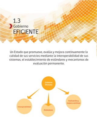 1.3
   Gobierno
   EFICIENTE


 Un Estado que promueve, evalúa y mejora continuamente la
calidad de sus servicios mediante la interoperabilidad de sus
sistemas, el establecimiento de estándares y mecanismos de
                   evaluación permanente.




                           Gobierno
                           Eficiente




                                             Evaluación y
                                            mejora continua
      Interoperabilidad
                          Estándares
 