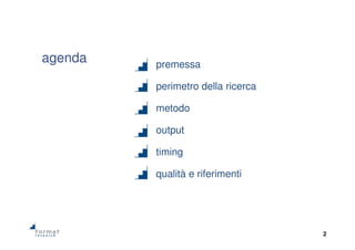 2
agenda premessa
perimetro della ricerca
metodo
output
timing
qualità e riferimenti
 