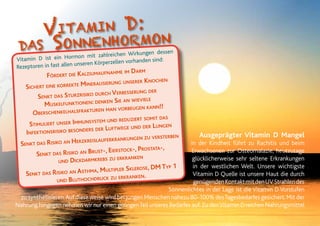 Ausgeprägter Vitamin D Mangel
in der Kindheit führt zu Rachitis und beim
Erwachsenen zur Osteomalazie, heutzutage
glücklicherweise sehr seltene Erkrankungen
in der westlichen Welt. Unsere wichtigste
Vitamin D Quelle ist unsere Haut die durch
genügendenKontaktmitdenUVStrahlendes
Sonnenlichtes in der Lage ist die Vitamin D Vorstufen
zu synthetisieren.Auf diese weise wird bei jungen Menschen nahezu 80-100% desTagesbedarfes gesichert.Mit der
Nahrung hingegen nehmen wir nur einen geringenTeil unseres Bedarfes auf.Zu denVitamin D reichen Nahrungsmittel
Vitamin D ist ein Hormon mit zahlreichen Wirkungen dessen
Rezeptoren in fast allen unseren Körperzellen vorhanden sind:
Fördert die Kalziumaufnahme im Darm
Sichert eine korrekte Mineralisierung unserer Knochen
Senkt das Sturzrisiko durch Verbesserung der
Muskelfunktionen: denken Sie an wieviele
Oberschenkelhalsfrakturen man vorbeugen kann!!
Stimuliert unser Immunsystem und reduziert somit das
Infektionsrisiko besonders der Luftwege und der Lungen
Senkt das Risiko an Herzkreislauferkrankungen zu versterben
Senkt das Risiko an Brust-, Eierstock-, Prostata-,
und Dickdarmkrebs zu erkranken
Senkt das Risiko an Asthma, Multipler Sklerose, DM Typ 1
und Bluthochdruck zu erkranken.
Vitamin D:
das Sonnenhormon
46
 