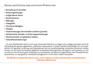 Zeichen und Symptome einer intestinalen Dysbiose sind:
•Verstopfung u/o Durchfall
•Verdauungsstörungen
• Aufgetriebener Bauch
• Bauchschmerzen
• Blähungen
• Völlegefühl
• Chronische Müdigkeit
• Allergien
• Hauterkrankungen: Dermatitiden und Akne (juvenile)
• Rezidivierende Scheiden- und Harnwegsentzündungen
• Abwehrschwäche mit gehäuften Infekten
• Fettstoffwechselstörungen
	 Für unserWohlbefinden lohnt es sich unser intestinales Mikrobiom zu hegen und zu pflegen, besonders durch die
Vermeidung der gerade aufgelisteten, schädlichen Lebensweisen. In diesem Büchlein beschäftigen wir uns haupt-
sächlich mit gesunder Ernährung und Körperhaltung. Falls sie, krankheitsbedingt, Antibiotika einnehmen müssen,
erinnern sie sich daran fermentierte (bakteriell vorverdaute) Nahrungsmittel, wie Yoghurt und Sauerkraut, zu sich
zu nehmen und mit einem guten Probiotikum zu kombinieren und diese bis einige Wochen nach Therapiende wei-
terzunehmen, um das gestörte, mikrobielle Gleichgewicht in ihrem Darm wieder herzustellen.
Die Wurzeln unserer Gesundheit liegen, unter anderem, in einer ausgewogenen, funktionierenden,
mikrobiellen Darmflora.
9
 