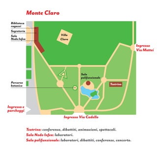Monte Claro
Sala
polifunzionale
Percorso
botanico
Biblioteca
ragazzi
Segreteria
Sala
Nodo Infea
Ingresso Via Cadello
Teatrino: conferenze, dibattiti, animazioni, spettacoli.
Sala Nodo Infea: laboratori.
Sala polifunzionale: laboratori, dibattiti, conferenze, concerto.
Villa
Clara
Ingresso e
parcheggi
Ingresso
Via Mattei
Teatrino
 