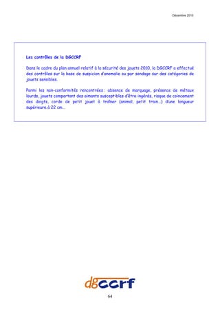 Décembre 2010




Les contrôles de la DGCCRF

Dans le cadre du plan annuel relatif à la sécurité des jouets 2010, la DGCCRF a effectué
des contrôles sur la base de suspicion d’anomalie ou par sondage sur des catégories de
jouets sensibles.

Parmi les non-conformités rencontrées : absence de marquage, présence de métaux
lourds, jouets comportant des aimants susceptibles d’être ingérés, risque de coincement
des doigts, corde de petit jouet à traîner (animal, petit train...) d’une longueur
supérieure à 22 cm…




                                          64
 