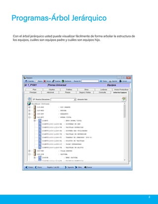 Programas-Árbol JerárquicoProgramas-Árbol Jerárquico
Con el árbol jerárquico usted puede visualizar fácilmente de forma arbolar la estructura de
los equipos, cuáles son equipos padre y cuáles son equipos hijo.
8
 