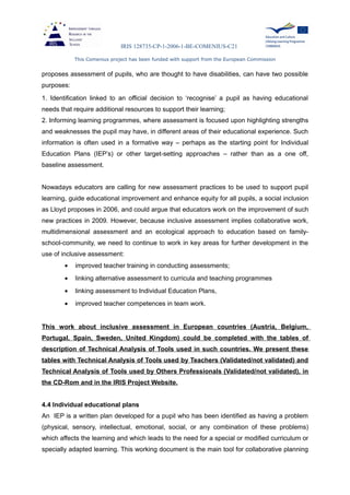 IRIS 128735-CP-1-2006-1-BE-COMENIUS-C21
This Comenius project has been funded with support from the European Commission
proposes assessment of pupils, who are thought to have disabilities, can have two possible
purposes:
1. Identification linked to an official decision to ‘recognise’ a pupil as having educational
needs that require additional resources to support their learning;
2. Informing learning programmes, where assessment is focused upon highlighting strengths
and weaknesses the pupil may have, in different areas of their educational experience. Such
information is often used in a formative way – perhaps as the starting point for Individual
Education Plans (IEP’s) or other target-setting approaches – rather than as a one off,
baseline assessment.
Nowadays educators are calling for new assessment practices to be used to support pupil
learning, guide educational improvement and enhance equity for all pupils, a social inclusion
as Lloyd proposes in 2006, and could argue that educators work on the improvement of such
new practices in 2009. However, because inclusive assessment implies collaborative work,
multidimensional assessment and an ecological approach to education based on family-
school-community, we need to continue to work in key areas for further development in the
use of inclusive assessment:
• improved teacher training in conducting assessments;
• linking alternative assessment to curricula and teaching programmes
• linking assessment to Individual Education Plans,
• improved teacher competences in team work.
This work about inclusive assessment in European countries (Austria, Belgium,
Portugal, Spain, Sweden, United Kingdom) could be completed with the tables of
description of Technical Analysis of Tools used in such countries. We present these
tables with Technical Analysis of Tools used by Teachers (Validated/not validated) and
Technical Analysis of Tools used by Others Professionals (Validated/not validated), in
the CD-Rom and in the IRIS Project Website.
4.4 Individual educational plans
An IEP is a written plan developed for a pupil who has been identified as having a problem
(physical, sensory, intellectual, emotional, social, or any combination of these problems)
which affects the learning and which leads to the need for a special or modified curriculum or
specially adapted learning. This working document is the main tool for collaborative planning
 